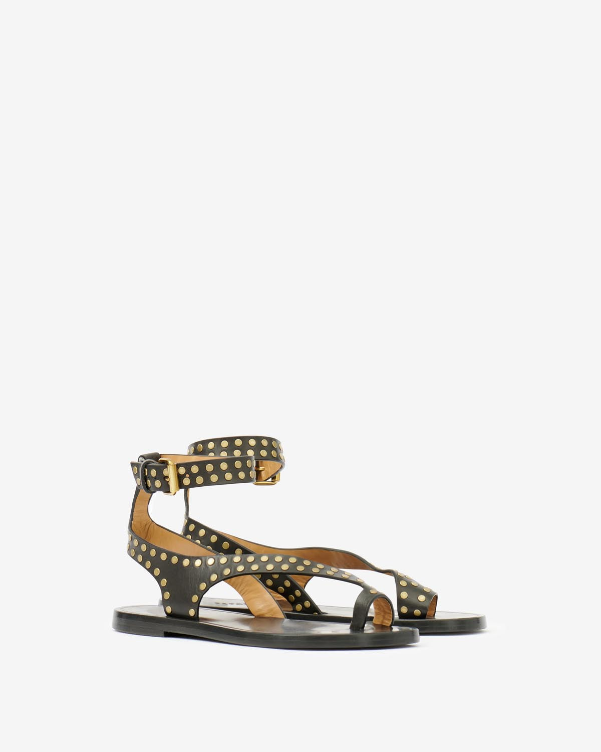 Leather studded flat sandals jiona - Black and gold - Woman - 5