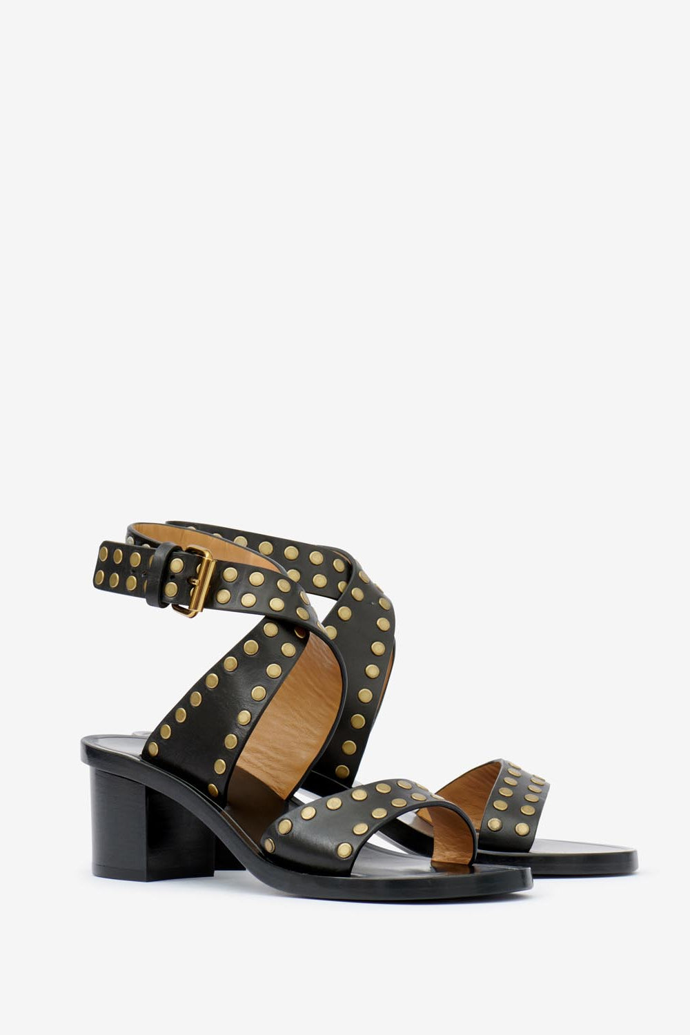 Sandalias planas de piel con tachuelas jilin - Black and gold - Woman - 5