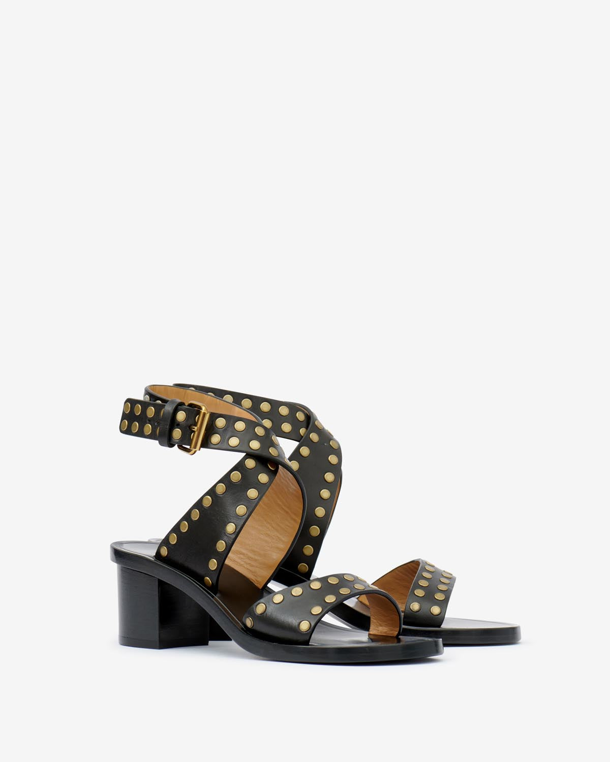 Sandalias planas de piel con tachuelas jilin - Black and gold - Woman - 5