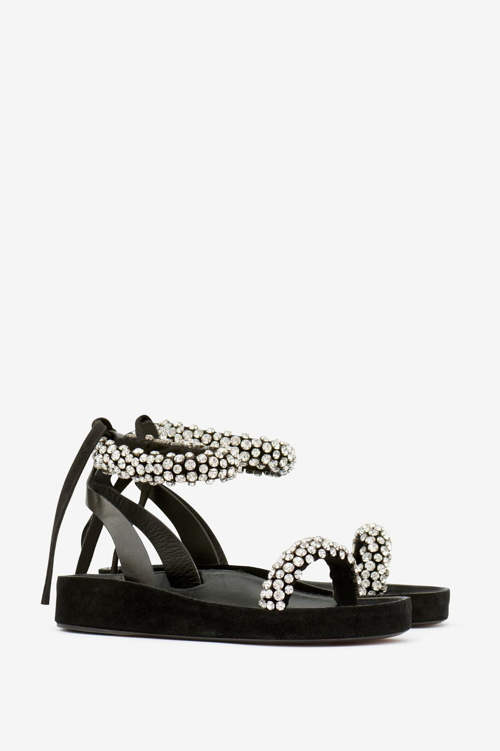 Sandalias planas de piel con strass mellan - Negro - Woman - 5
