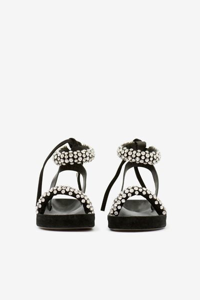 Sandalias planas de piel con strass mellan - Negro - Woman - 3