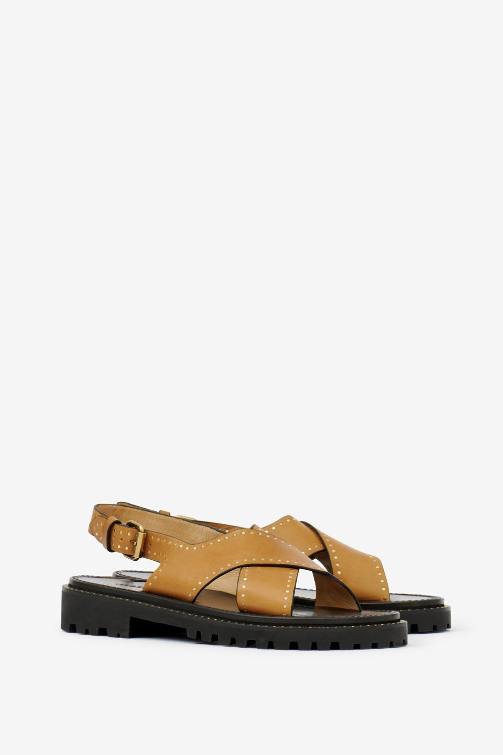 Baem flat studded leather sandals - Havana - Woman - 4