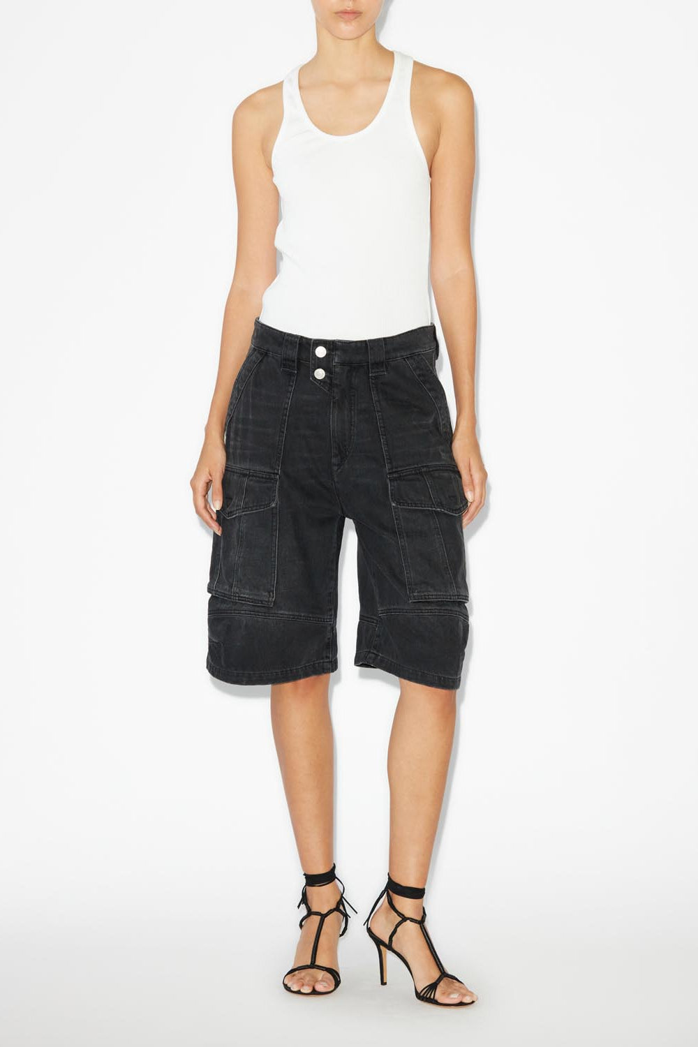 Long denim shorts with cargo pockets - Negro lavado - Woman - 2