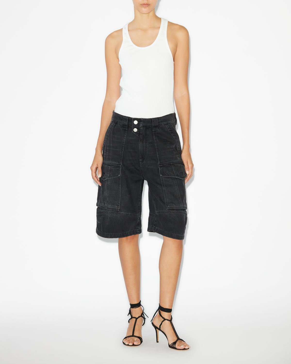 Long denim shorts with cargo pockets - Nero lavato - Woman - 1