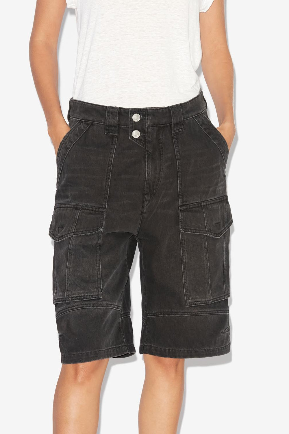 Long denim shorts with cargo pockets - Negro lavado - Woman - 4