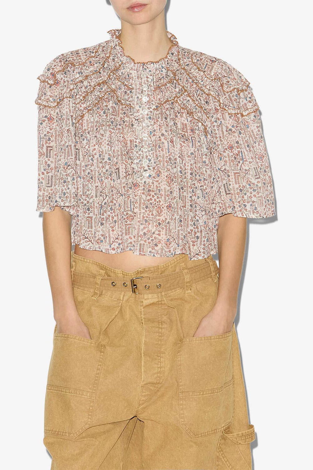 Top carmen de gasa de algodón estampado y fruncido - Crudo - Woman - 3