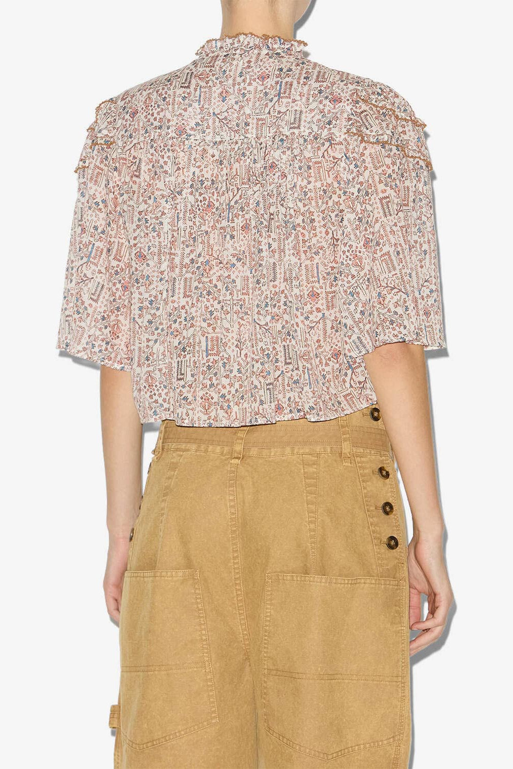 Top carmen de gasa de algodón estampado y fruncido - Crudo - Woman - 4