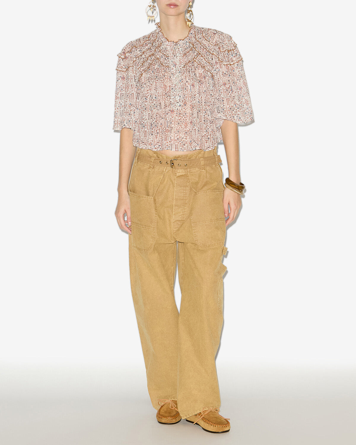 Carmen printed and gathered cotton voile top - Ecru - Woman - 1