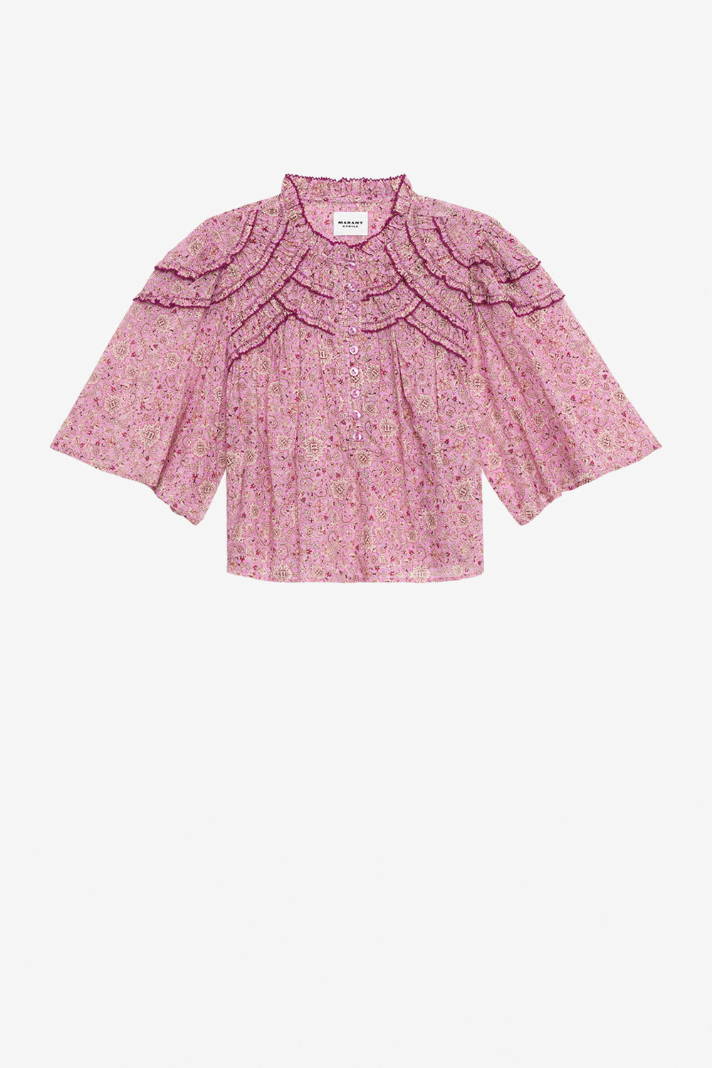 Top carmen de gasa de algodón estampado y fruncido - Rosa - Woman - 1