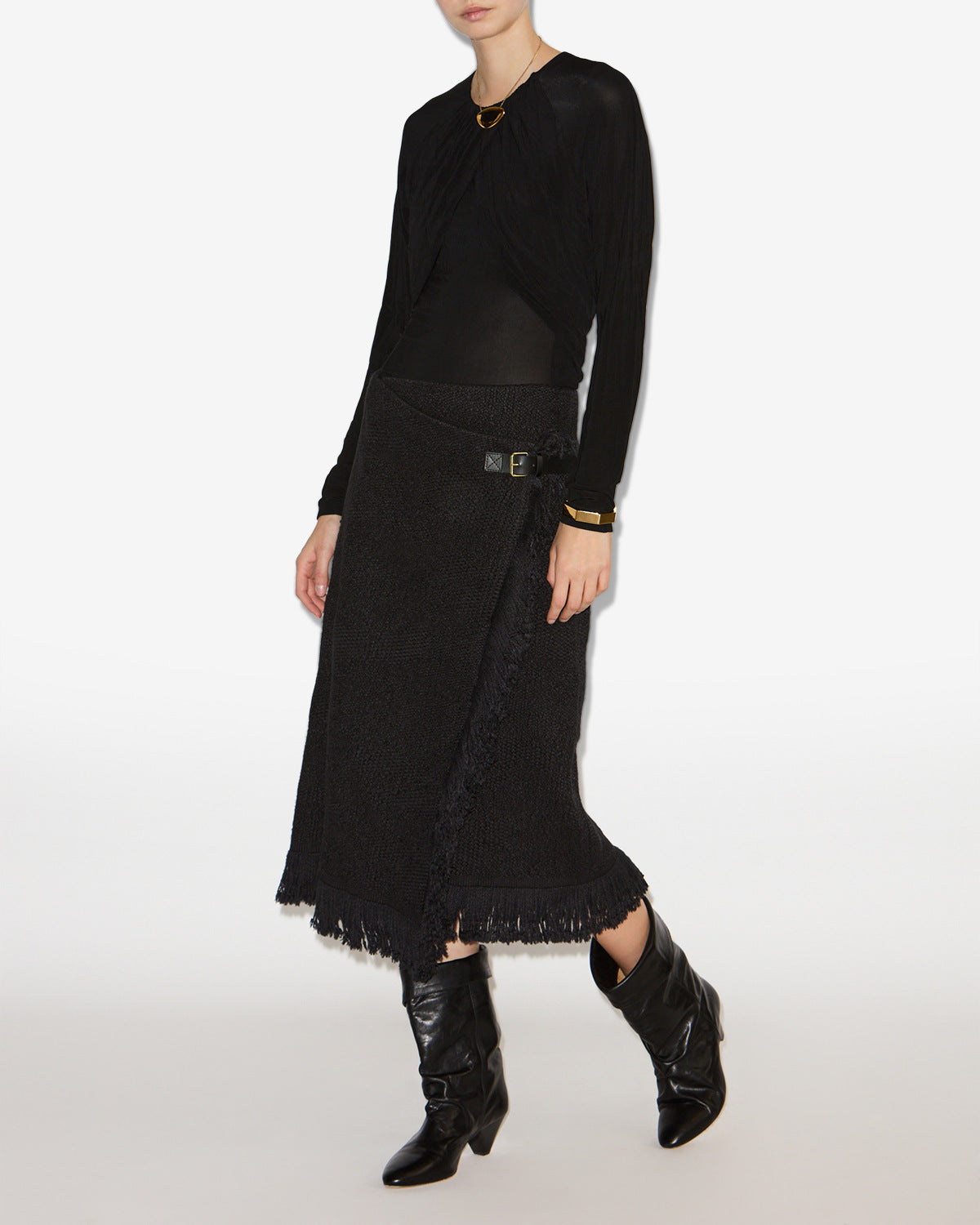 Jupe portefeuille galla en coton et lin - Noir - Woman - 1