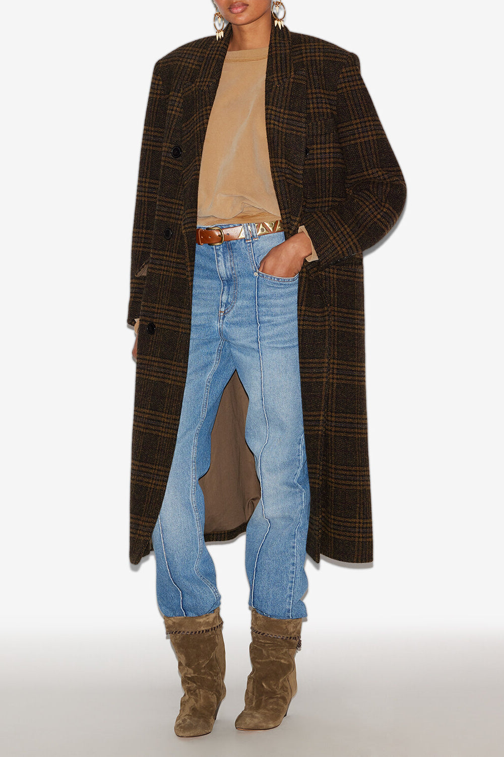 Manteau long lexana en laine à carreaux  - Kaki - Woman - 2