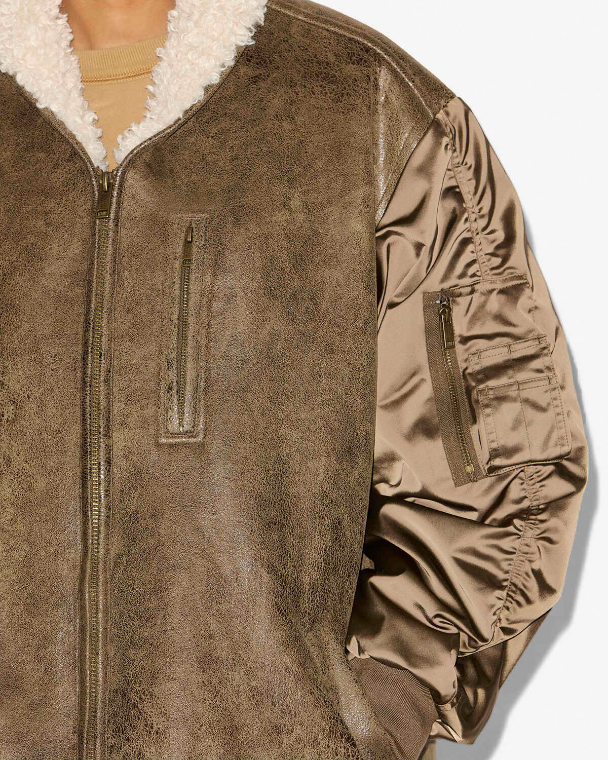 Evina satin and faux leather coat - Khaki - Woman - 2