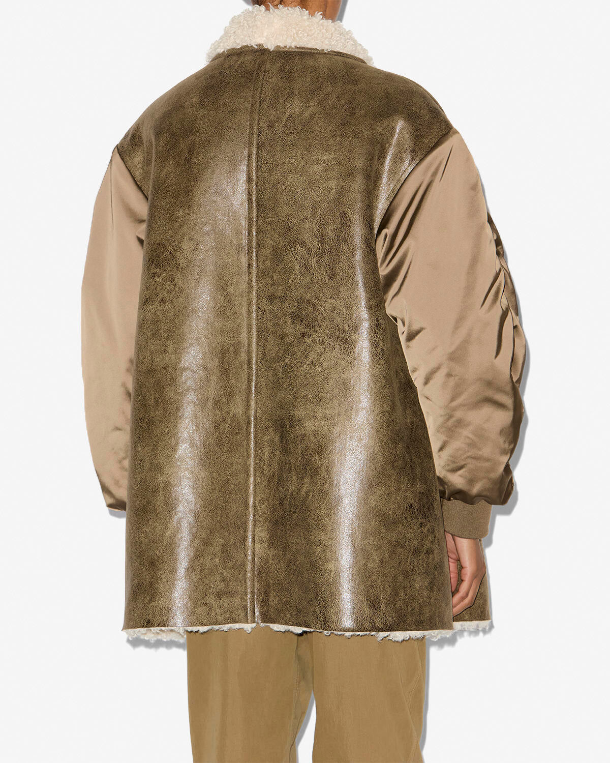 Evina satin and faux leather coat - Khaki - Woman - 4