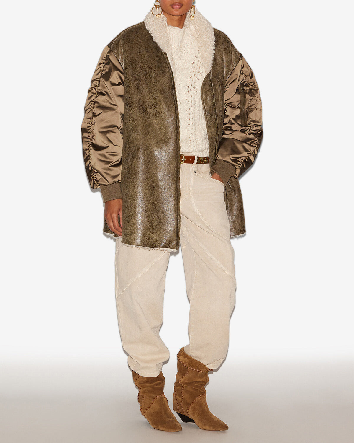 Evina satin and faux leather coat - Khaki - Woman - 1