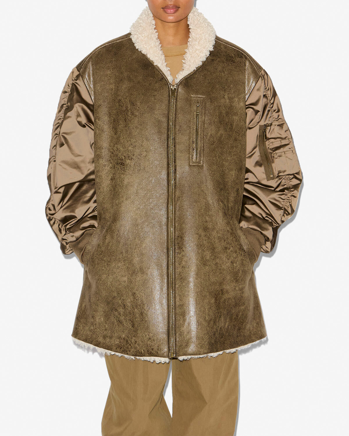 Evina satin and faux leather coat - Khaki - Woman - 3