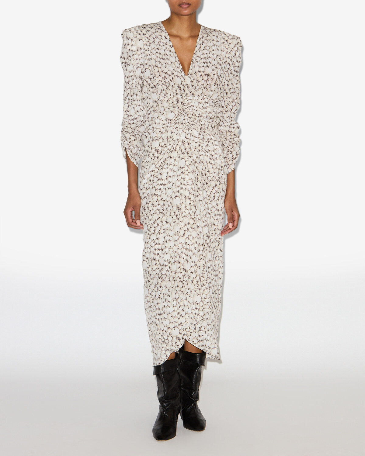 Albini printed gathered silk midi dress - Ecru - Woman - 1