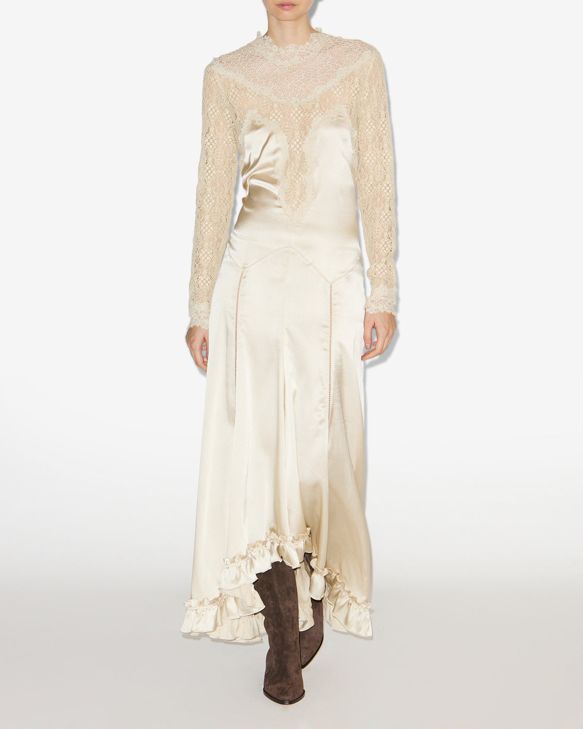 Dolores long satin and lace dress - Champagne - Woman - 1