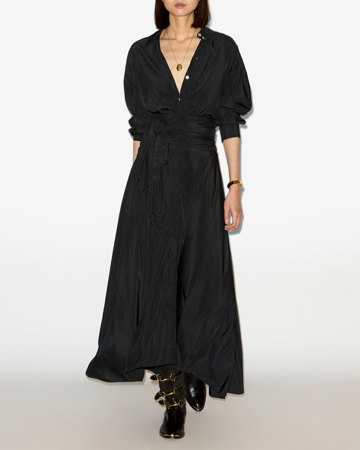 Vestido camisero largo samantha de crepé - Negro - Woman - 1