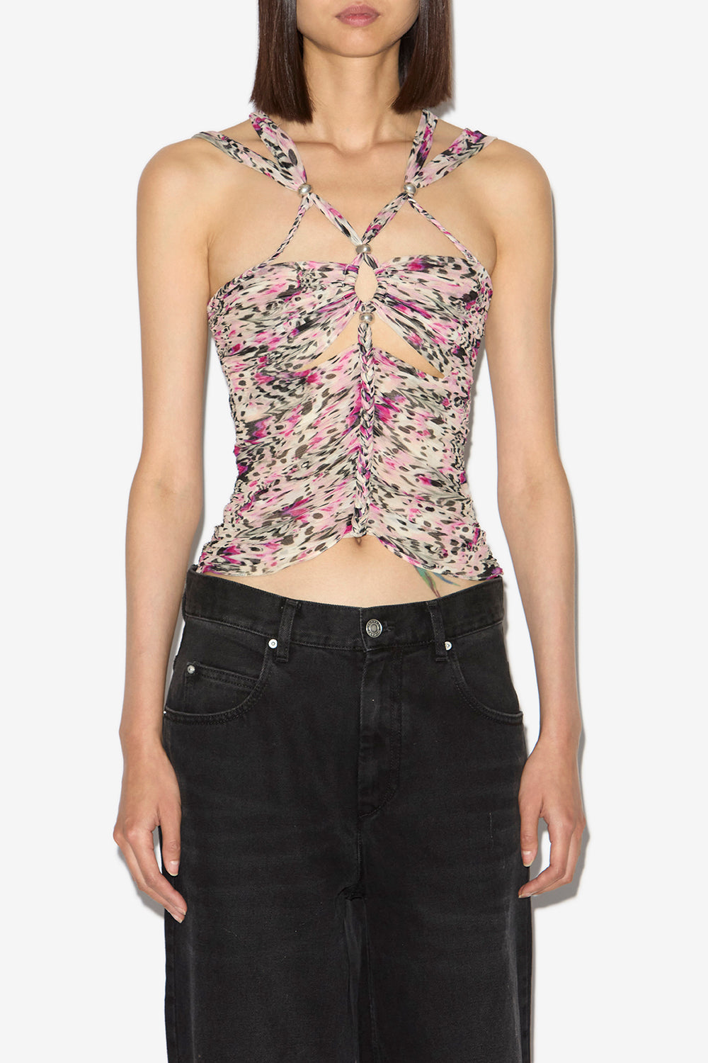 Revon 프린트 주름 실크 어깨끈 탑 - 분홍색 - Woman - 4