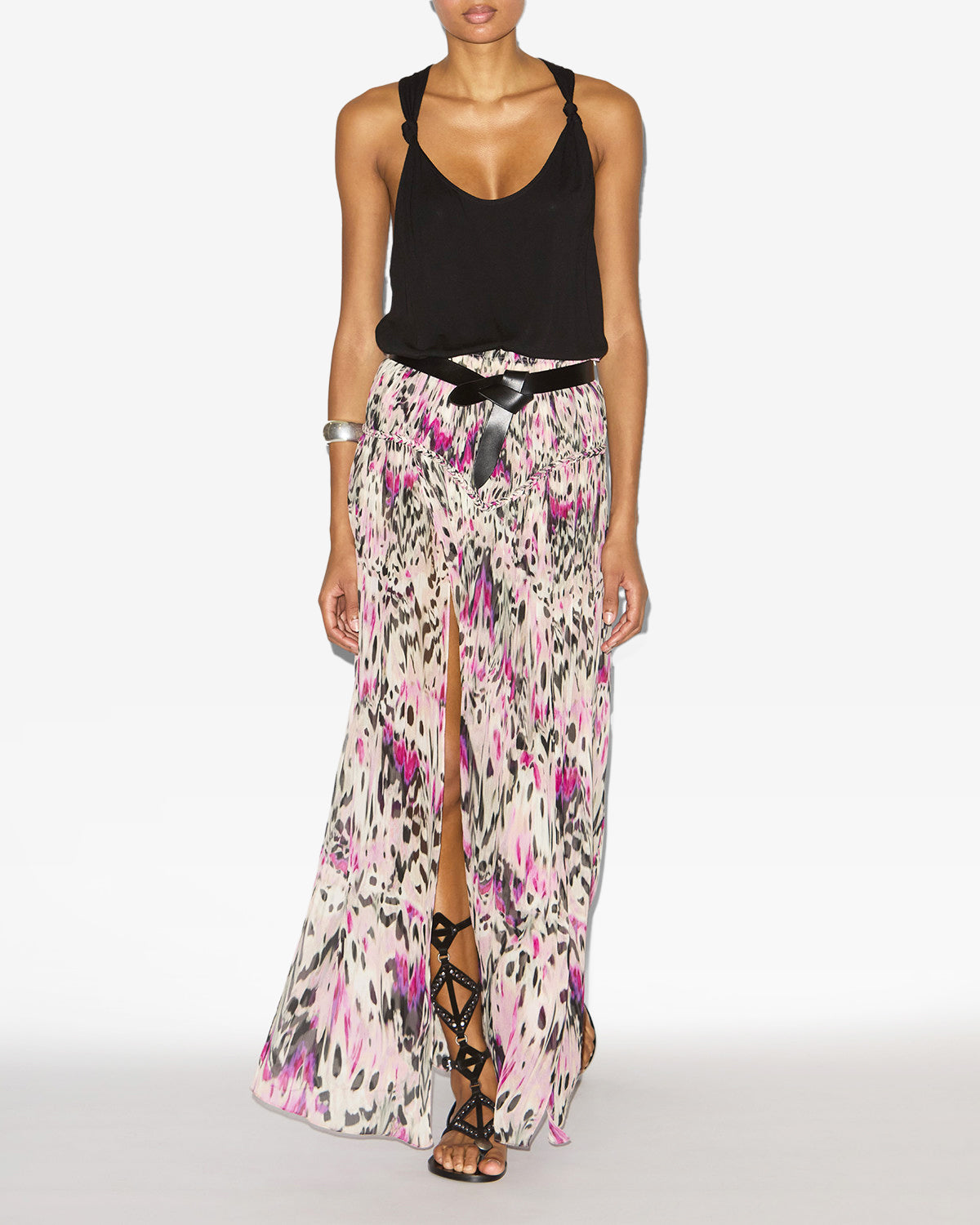 Falda rolande de seda fruncida estampada - Rosa - Woman - 1