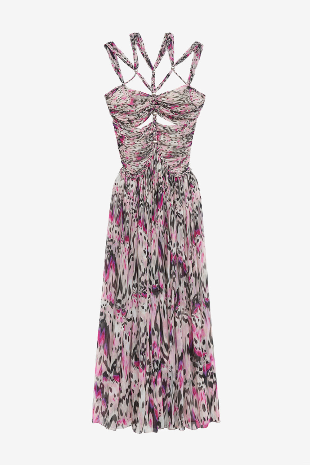 Abito con spalline rafael in seta arricciata con stampa - Rosa - Woman - 1