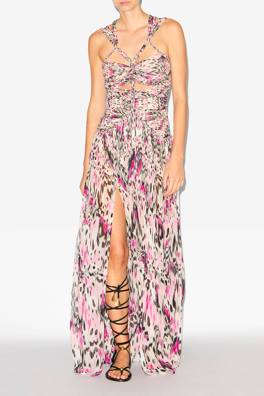 Abito con spalline rafael in seta arricciata con stampa - Rosa - Woman - 2