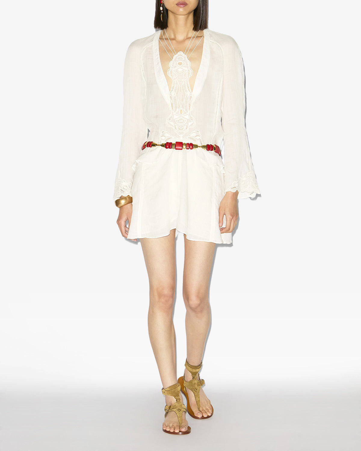 Liya short embroidered ramie dress - Ecru - Woman - 1