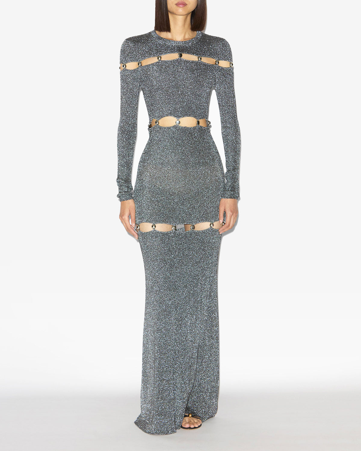 Elmire long beaded fine knit dress - Silver and black - Woman - 1