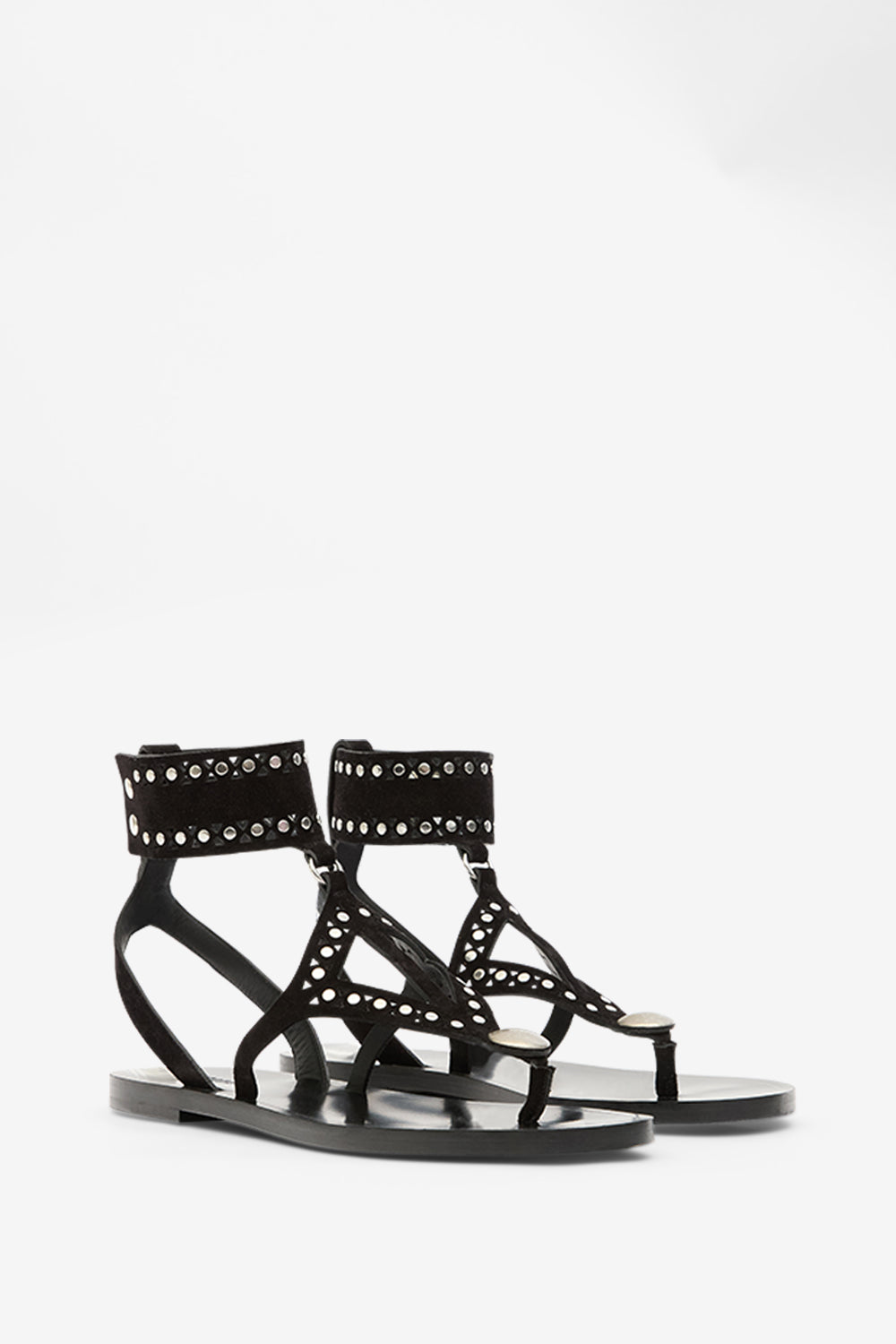 Sandalias planas edil de cuero suave con tachuelas - Black and silver - Woman - 3