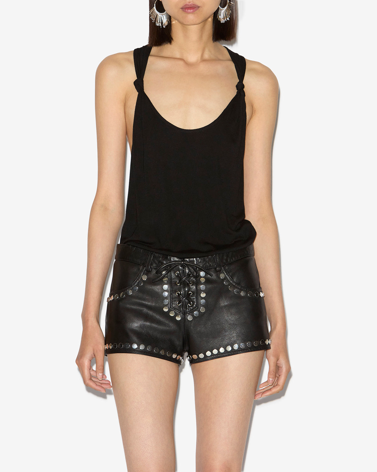 Elsanna laced studded leather shorts - Black - Woman - 3