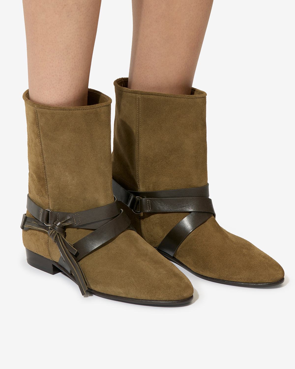 Bottines plates rejen en cuir de velours - Olive foncé - Woman - 5