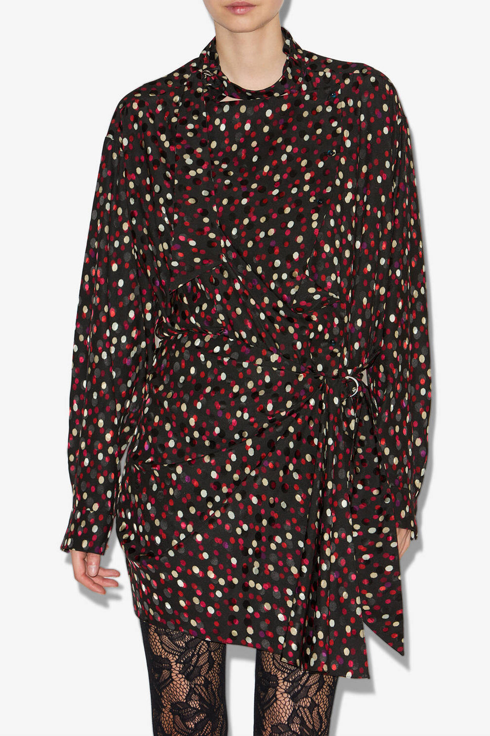 Ora draped silk polka dot print dress - Black-red - Woman - 4