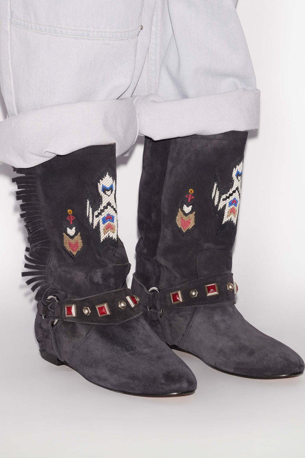 Siani embroidered flat-heeled suede calfskin leather boots - Black - Woman - 5