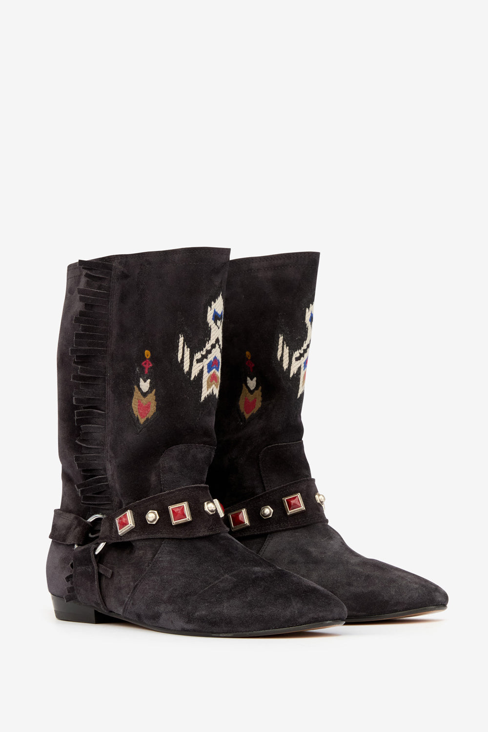 Siani embroidered flat-heeled suede calfskin leather boots - Black - Woman - 3