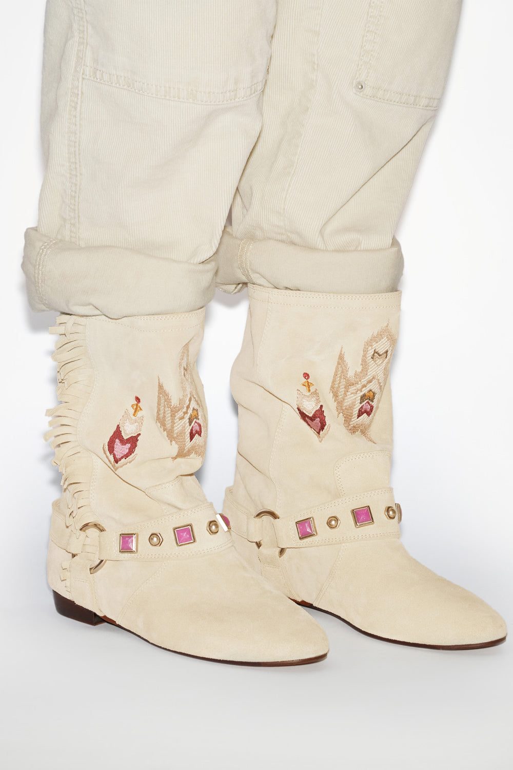 Siani embroidered flat-heeled suede calfskin leather boots - Chalk - Woman - 5