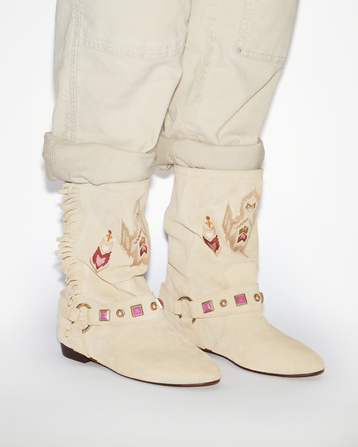 Siani embroidered flat-heeled suede calfskin leather boots - Chalk - Woman - 5