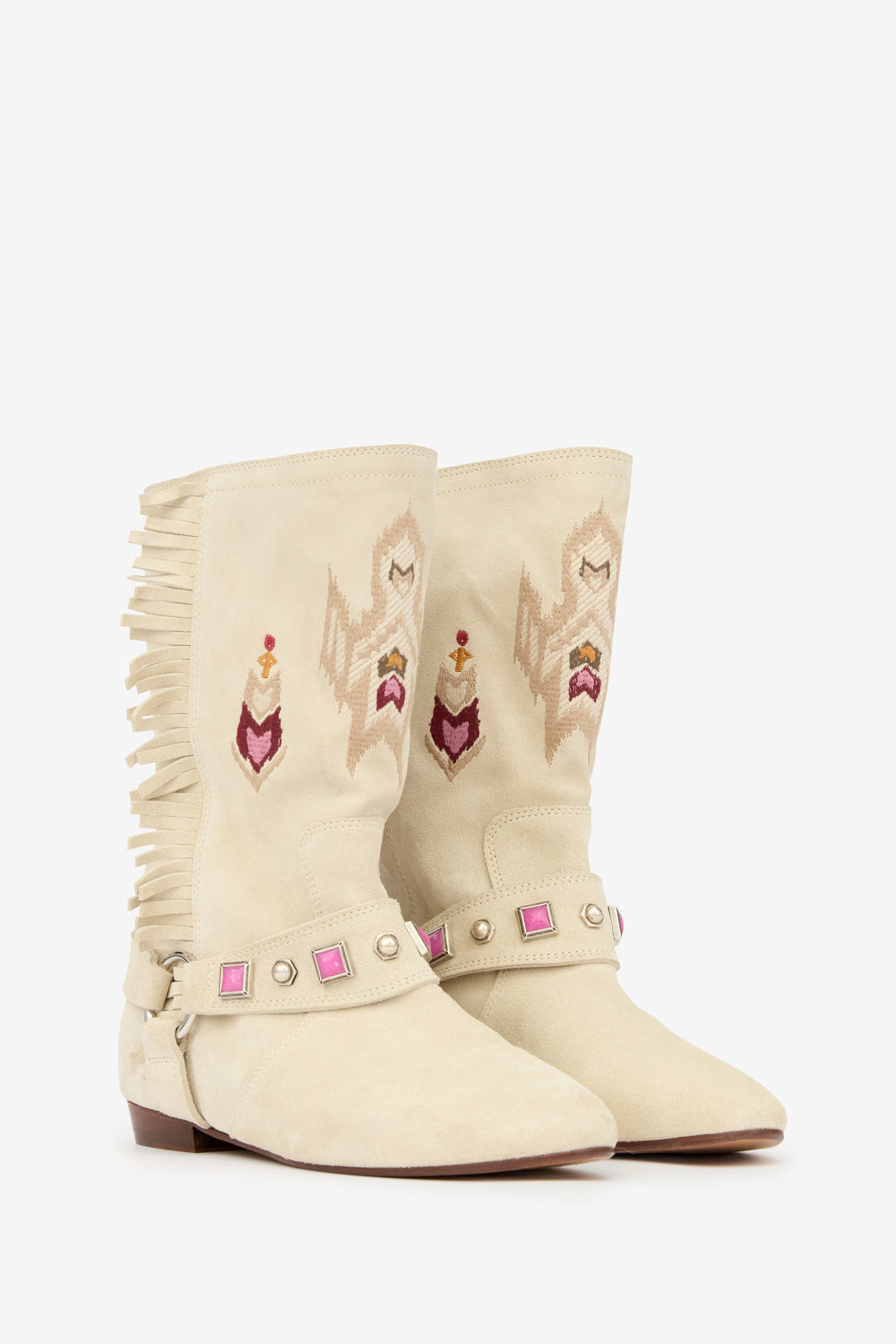 Siani embroidered flat-heeled suede calfskin leather boots - Chalk - Woman - 3