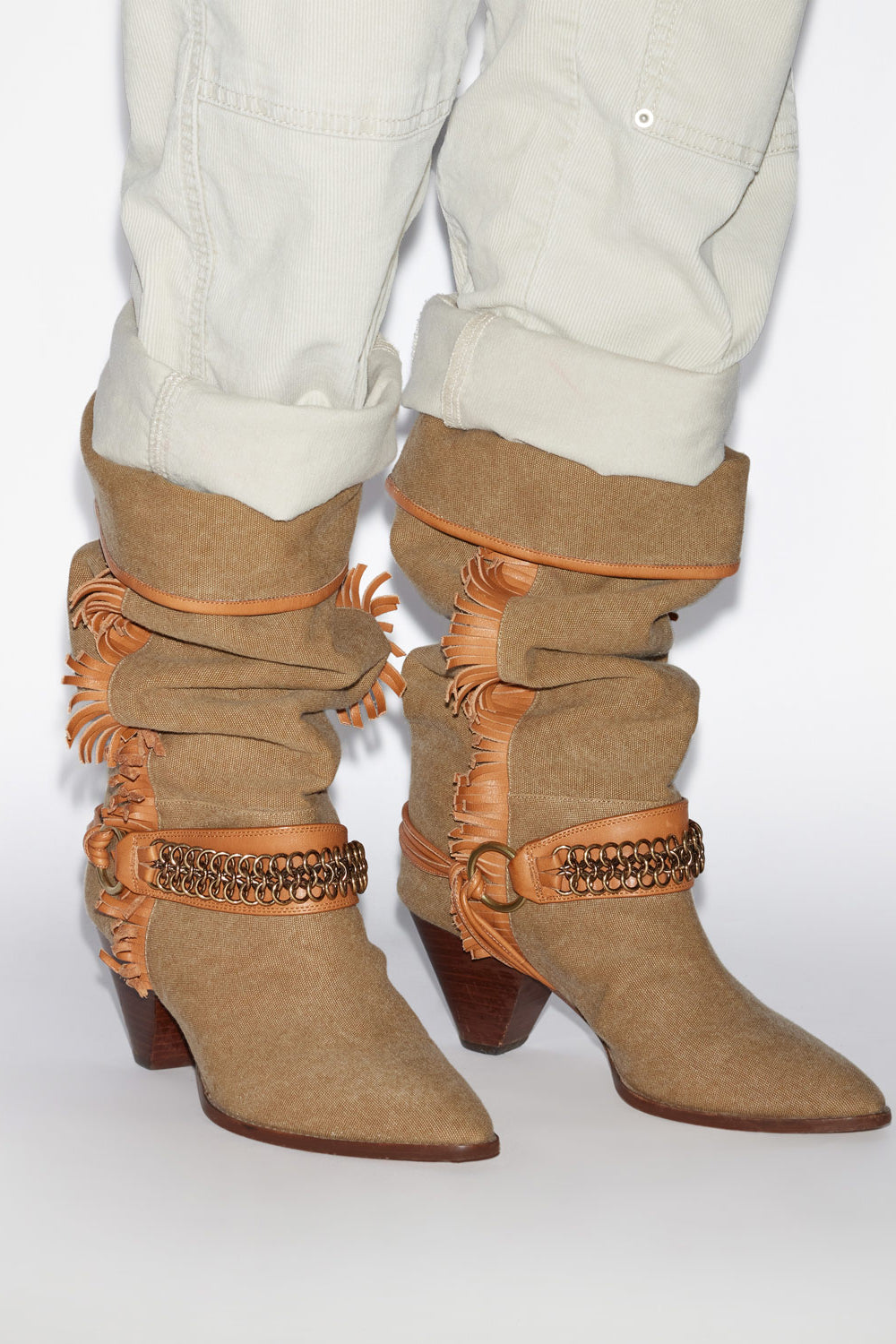 Levon fabric and leather cowboy boots - Khaki - Woman - 5