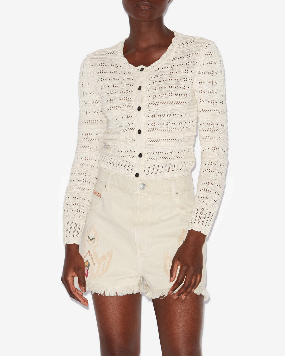 Ajaline short openwork knit cardigan - Ecru - Woman - 3