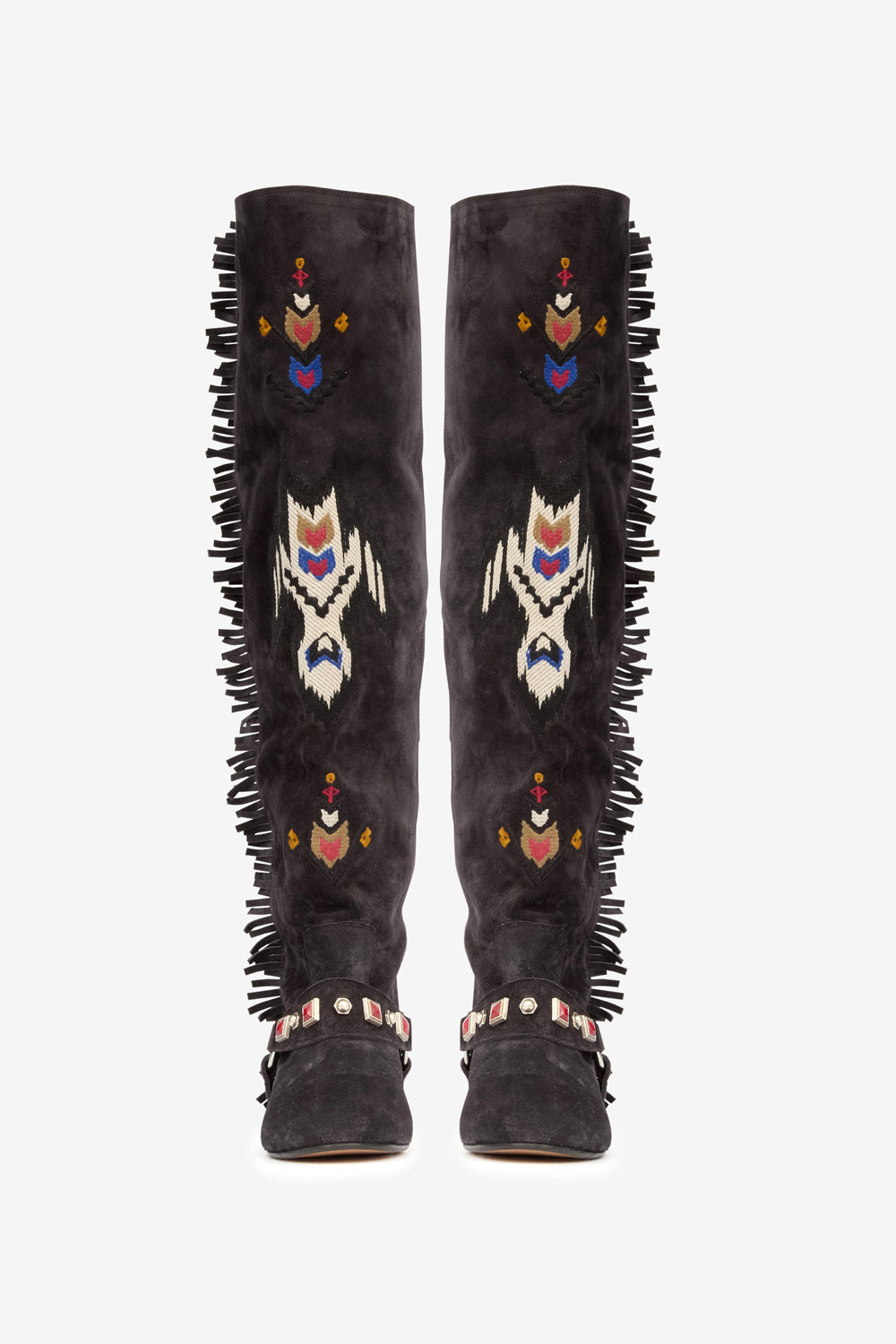 Slava flat-heeled thigh boots in embroidered suede calfskin leather - Black - Woman - 4