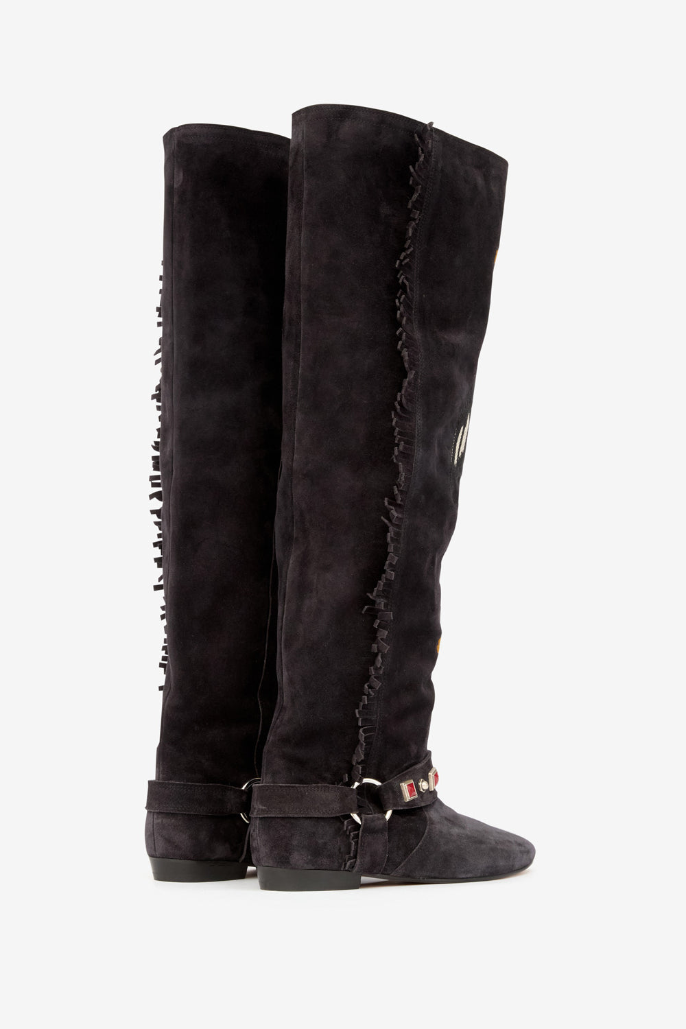 Slava flat-heeled thigh boots in embroidered suede calfskin leather - Black - Woman - 2