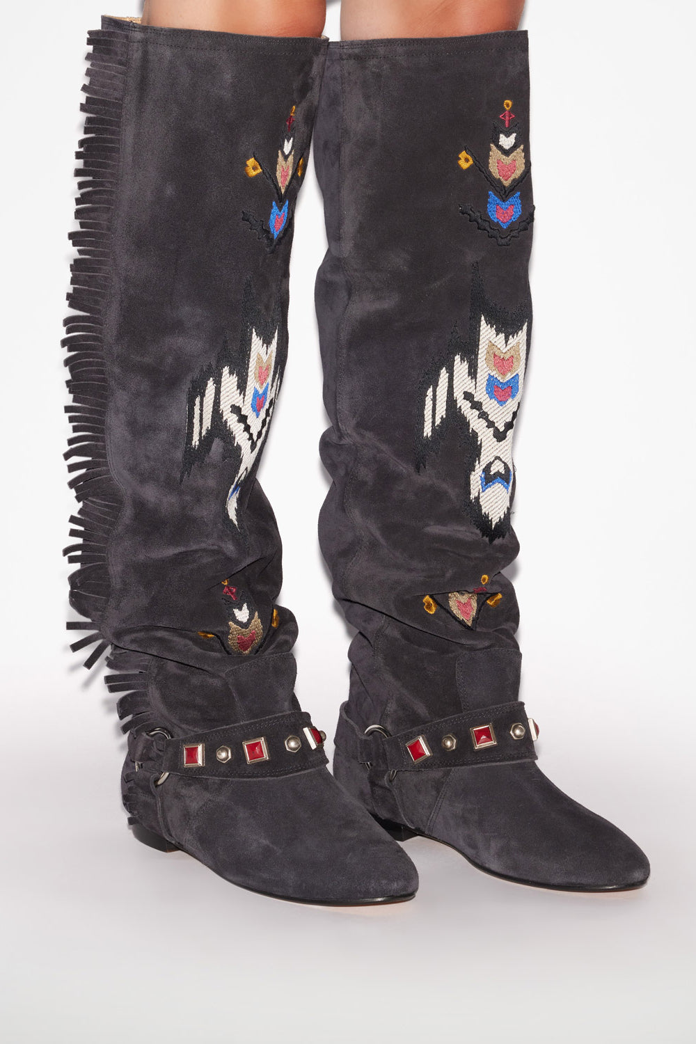 Slava flat-heeled thigh boots in embroidered suede calfskin leather - Black - Woman - 5