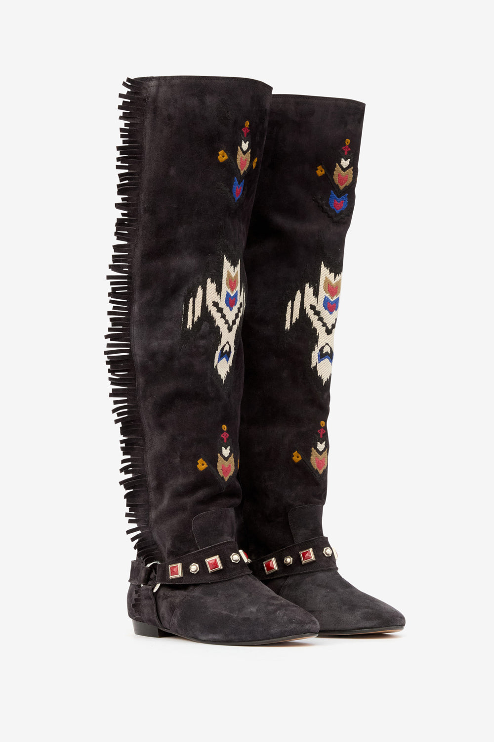 Slava flat-heeled thigh boots in embroidered suede calfskin leather - Black - Woman - 3