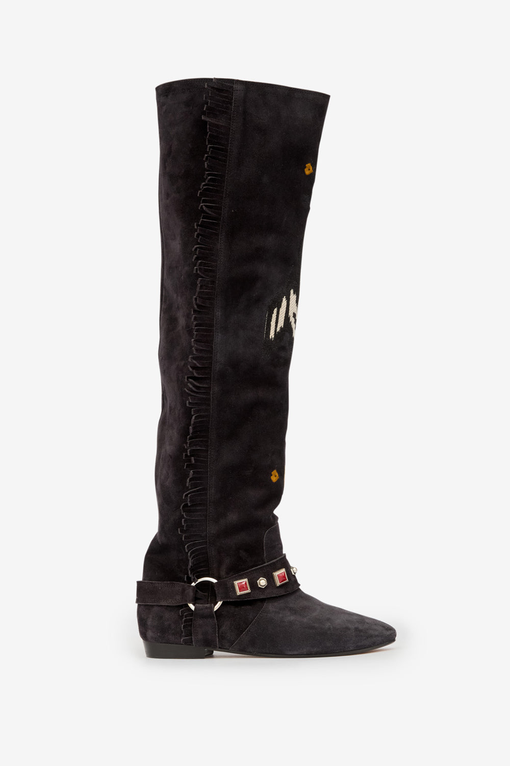 Slava flat-heeled thigh boots in embroidered suede calfskin leather - Black - Woman - 1