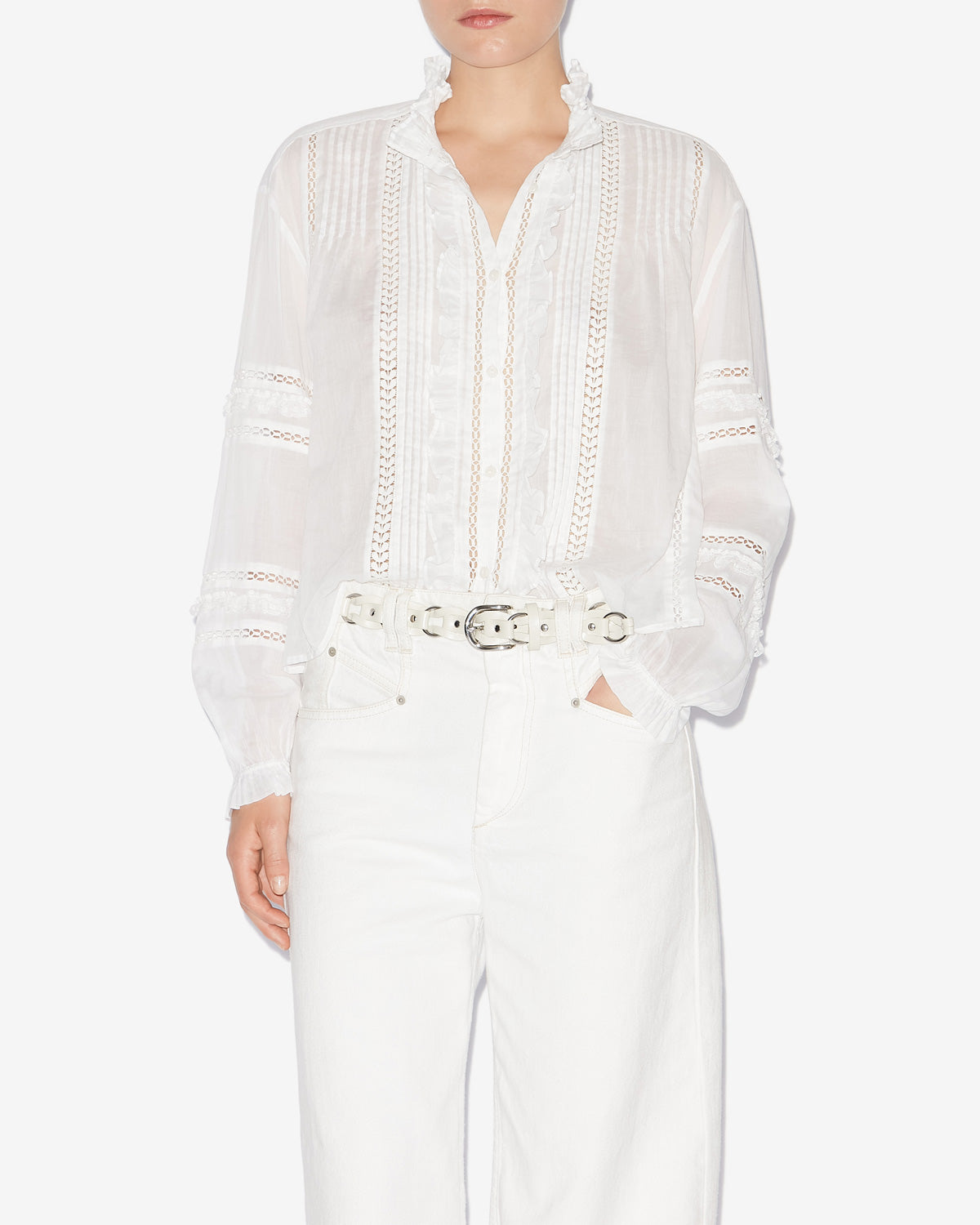 Camisa valda de voile de algodón con adornos - Blanco - Woman - 3