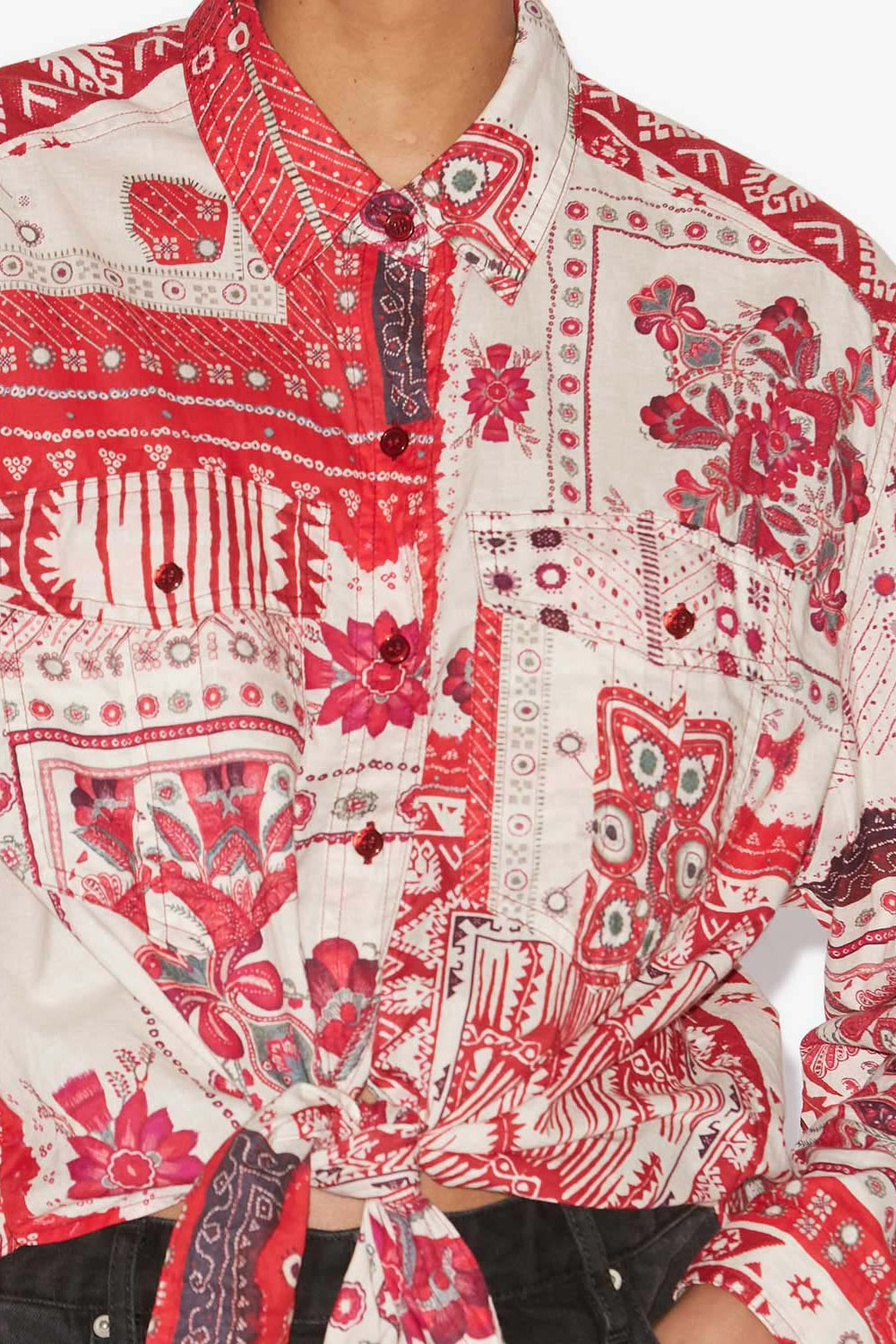 Camisa anudada de voile de algodón estampada nathy - Red and ecru - Woman - 3