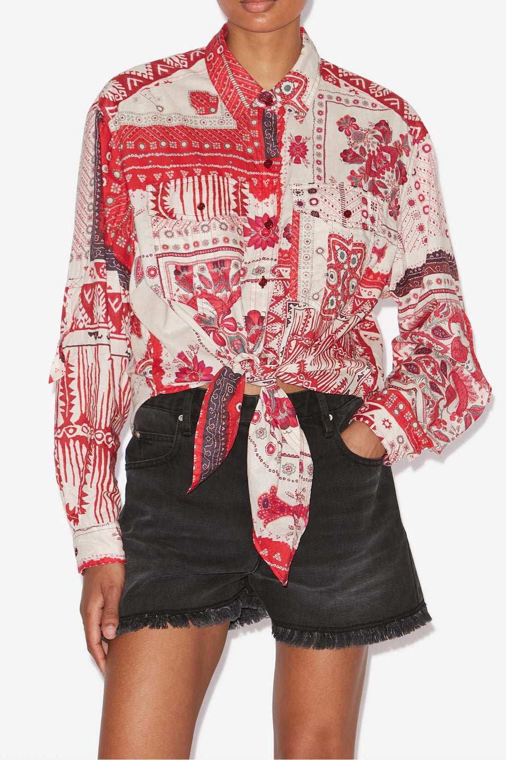 Camisa anudada de voile de algodón estampada nathy - Red and ecru - Woman - 4