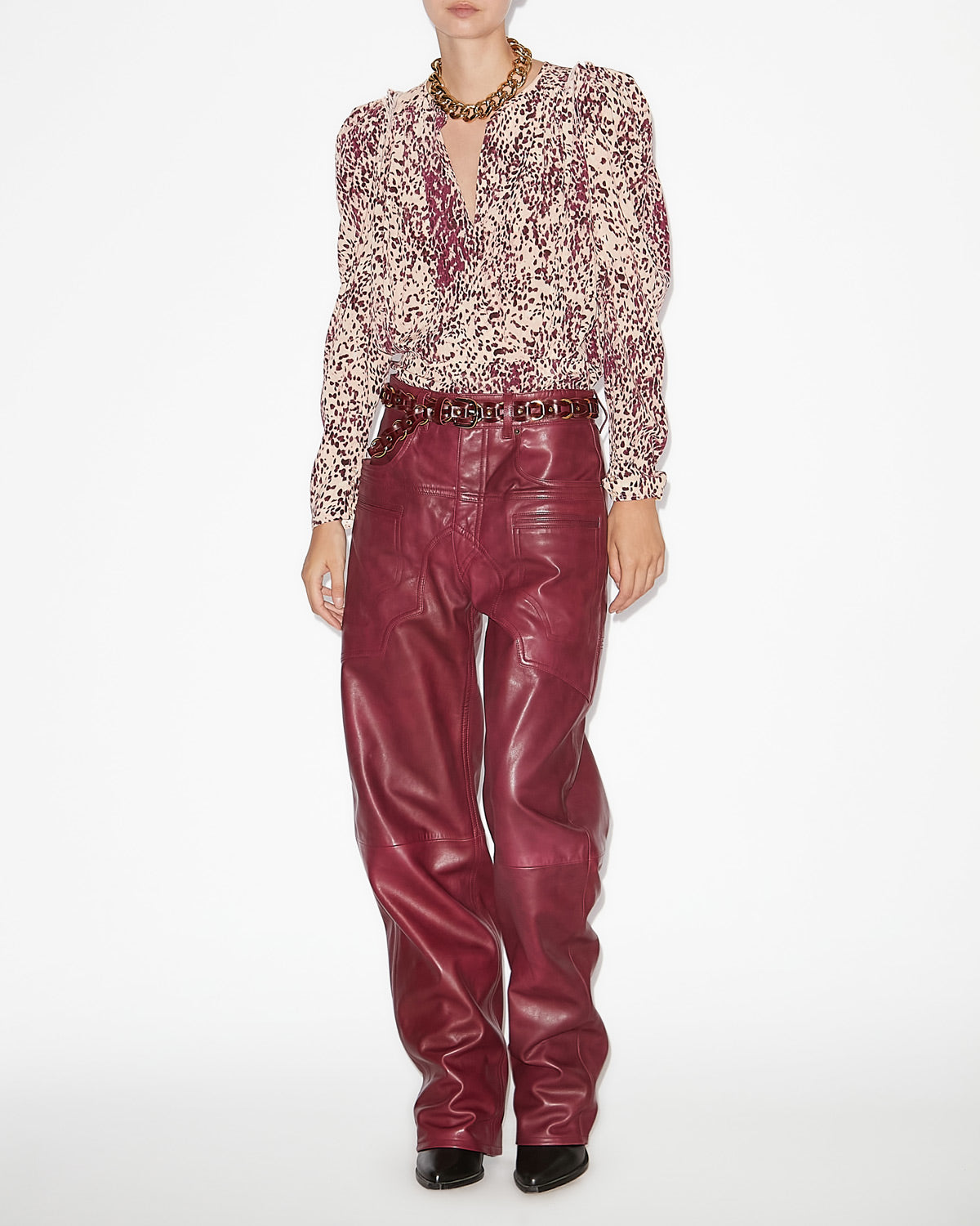 Blusa zarga de seda estampada con pliegues - Purple-ecru - Woman - 1