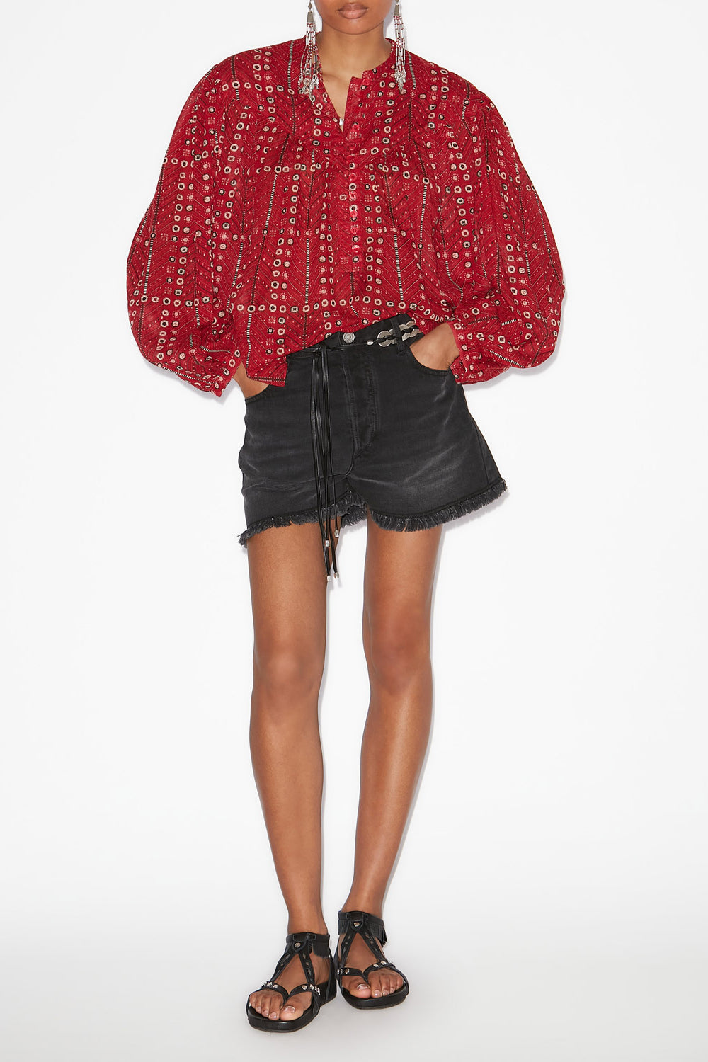 Blusa salika de voile de algodón estampado y fruncido - Rojo - Woman - 2