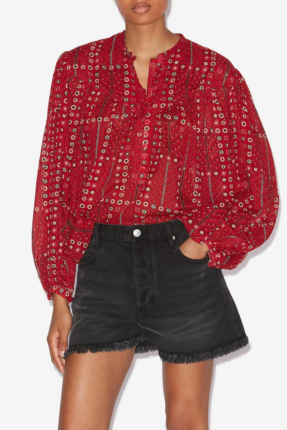 Blusa salika de voile de algodón estampado y fruncido - Rojo - Woman - 4